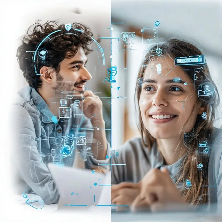 Two people are seated at a table, facing each other, with digital blue holographic icons and diagrams overlaid between them, suggesting a discussion or interaction involving technology or artificial intelligence.