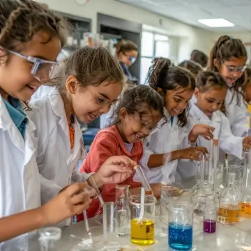 Young children wearing lab coats and safety goggles performing colorful chemistry experiments in a science classroom.